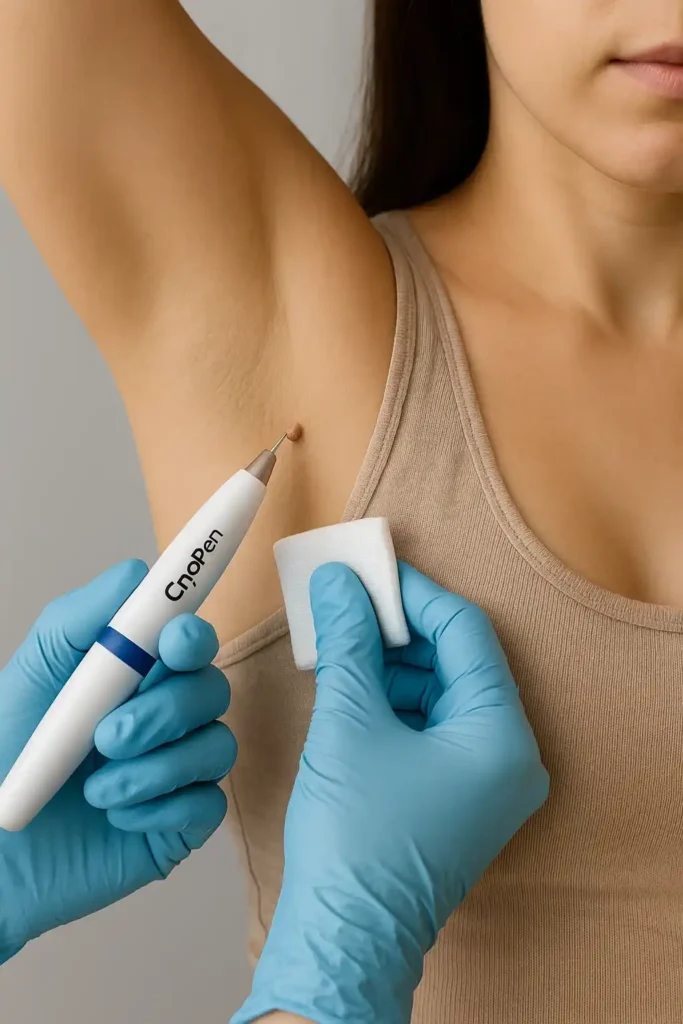 woman having cryopen to remove underarm skin tags Great Barr
