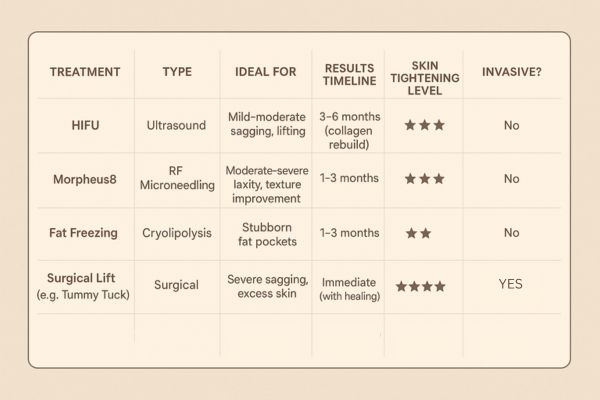 Table showing the comparisons of Skin tightening Great Barr treatment options.